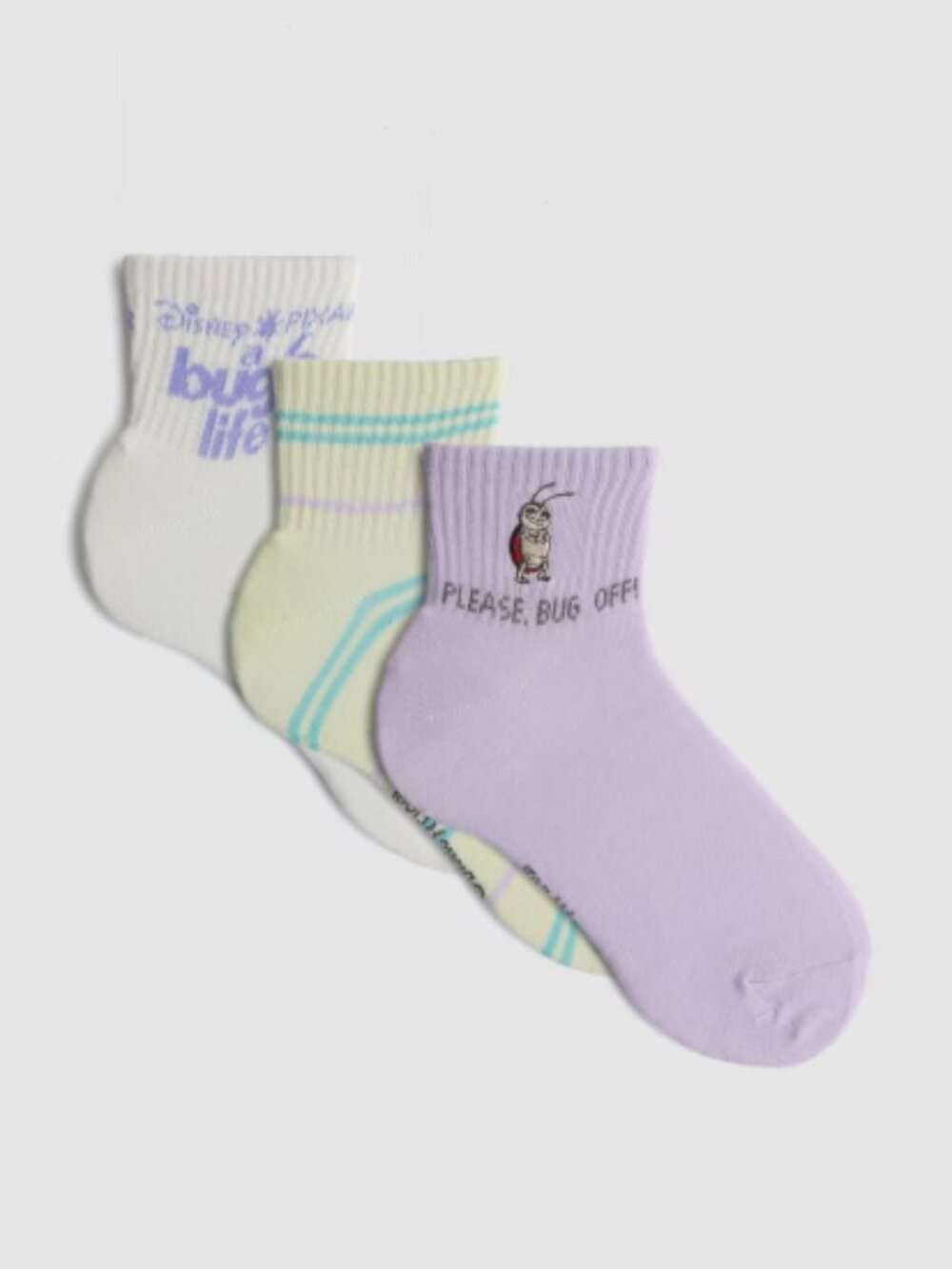 Disney 3pk A Bug’s Life Quarter Crew Socks Purple Green Animal Kingdom